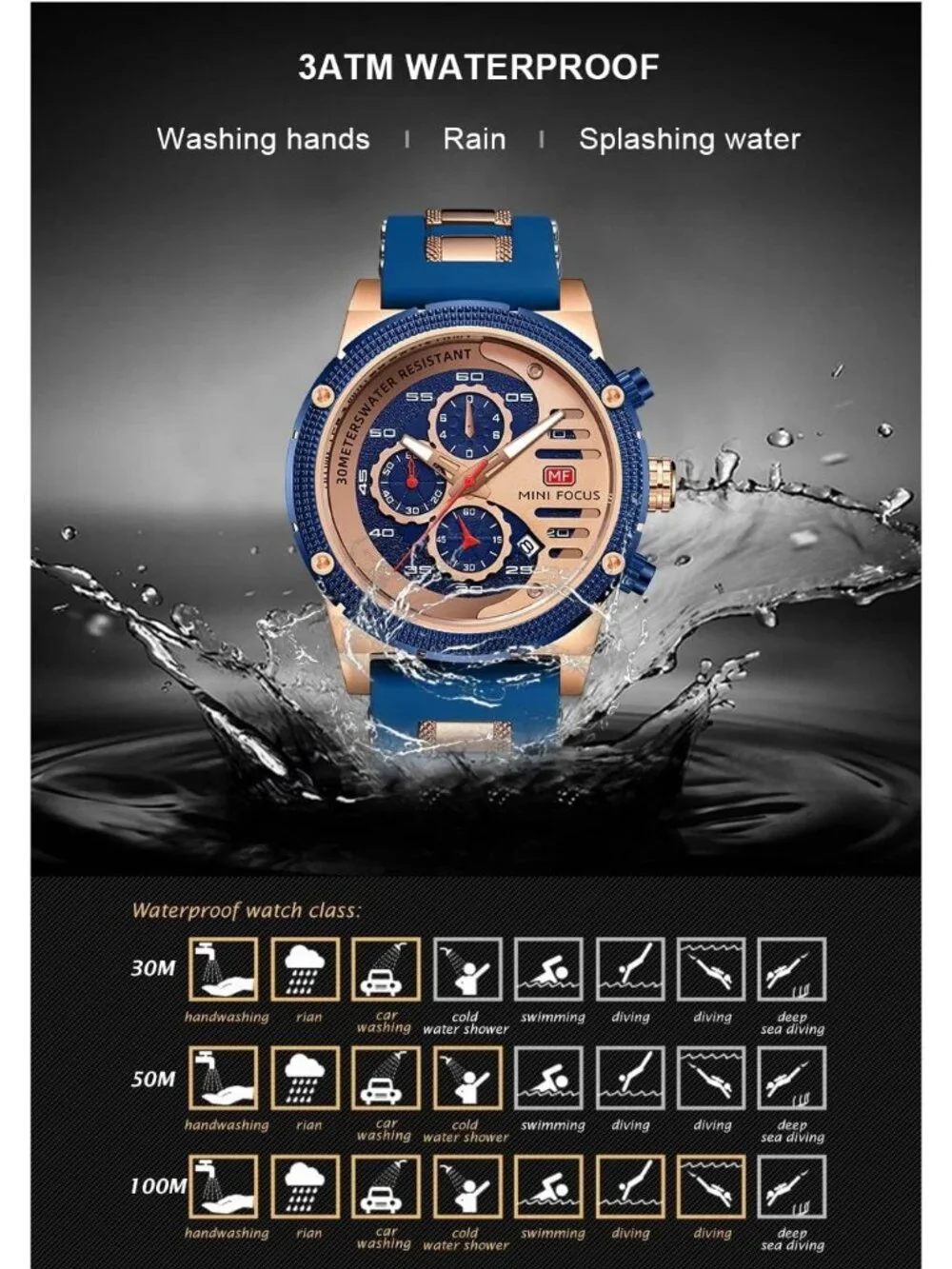 Men's Rose Blue Chronograph Waterproof Sport Military Analog Quartz Wrist Watch